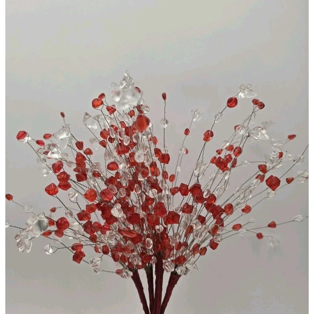 Lot Of 5‎ Acrylic Bead Spray Red & Clear Picks Holiday Craft Flower Arrangement